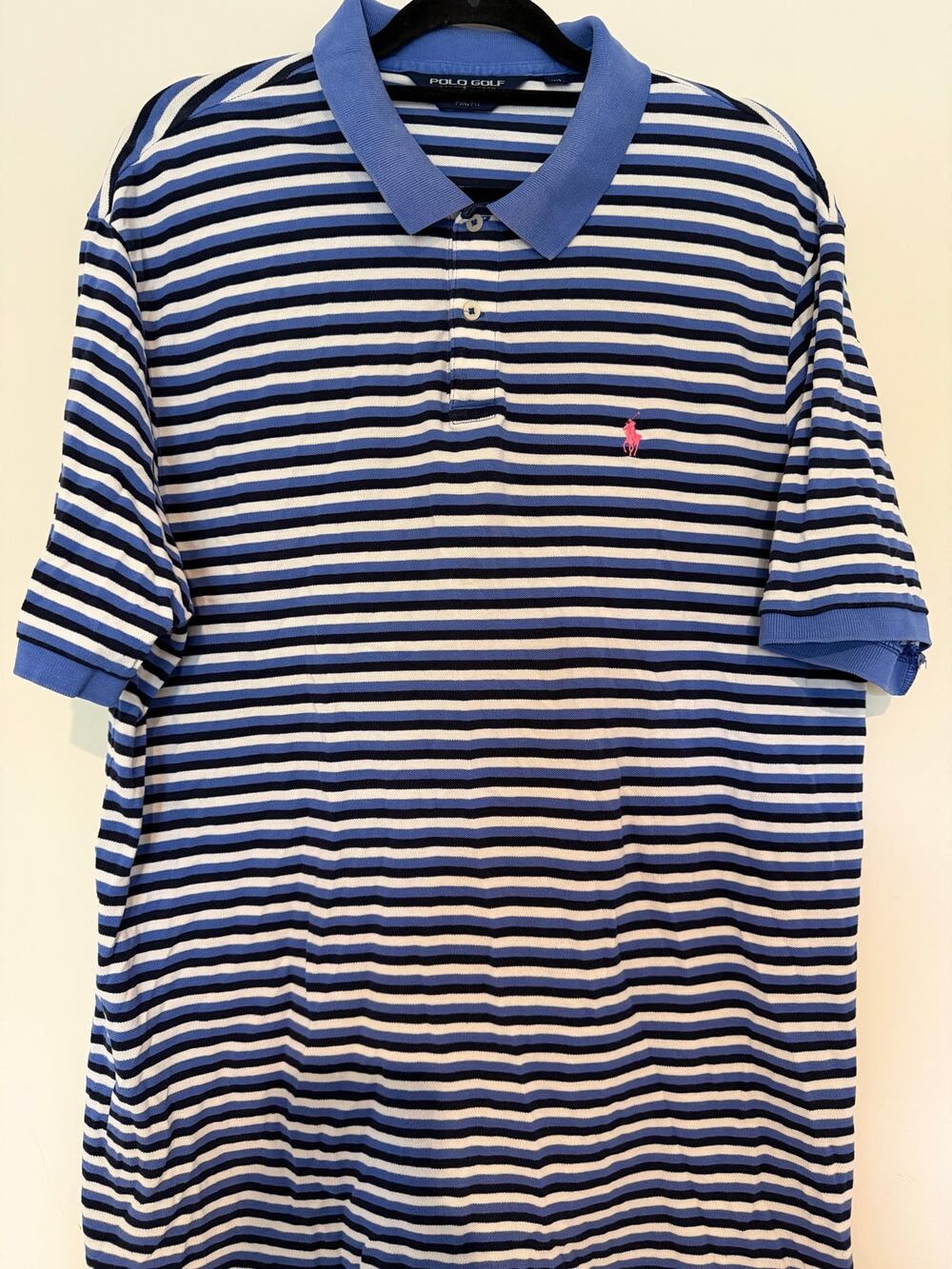 Polo Golf Ralph Lauren Men's XXL Pro Fit Blue Striped Polo Pink Pony